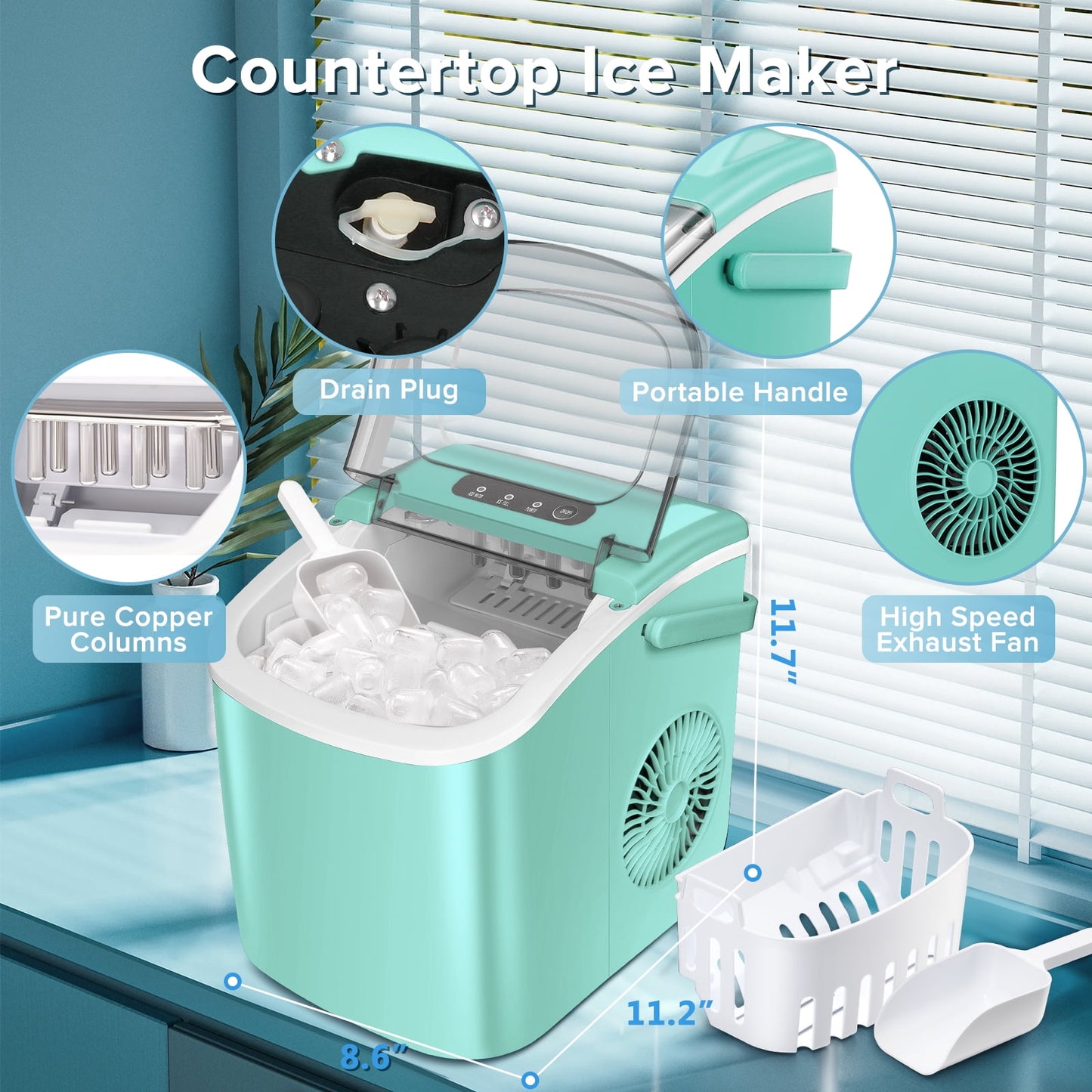 KISSAIR Ice Makers Countertop, Ice Machine with Handle, 26Lbs in 24Hrs, 9 Cubes Ready in 6 Mins, Self-Cleaning Portable Ice Maker, 2 Sizes of Bullet Ice Cubes-Green