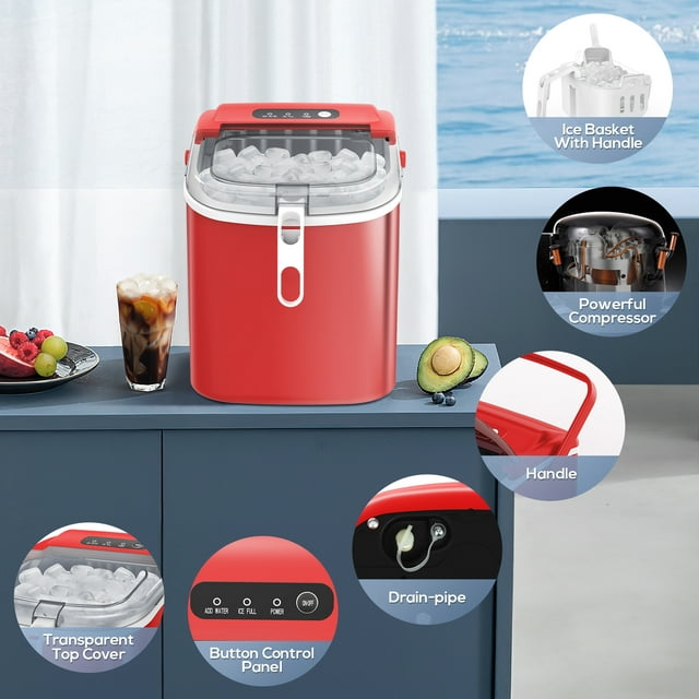 KISSAIR Portable Ice Maker Countertop, with Handle, 26Lbs/24H, 9Pcs/6Mins, One-Click Operation Ice Makers with Ice Scoop and Basket, Self-Cleaning, for Kitchen/Office/Bar/Party