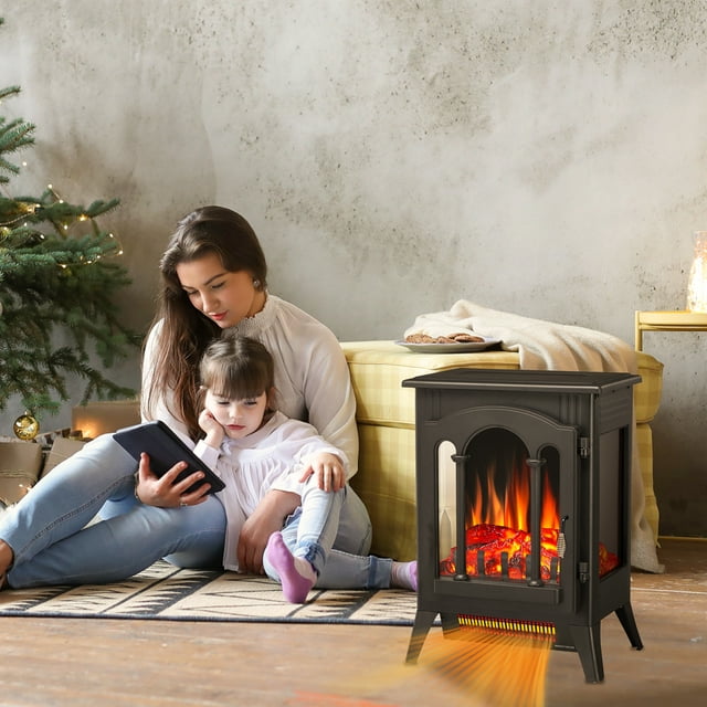 KISSAIR Infrared Electric Fireplace Stove, 15" Freestanding Fireplace Heater, Adjustable Brightness and Heating Mode, 1000W/1500W, Black