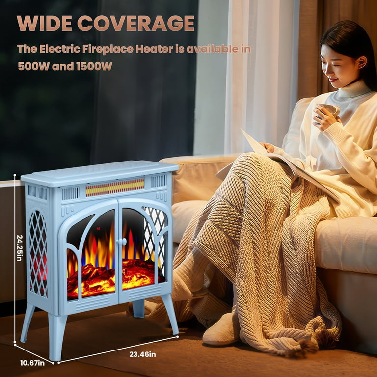 KISSAIR Electric Fireplace Heater 25’’ with 3D Realistic Flame Effect, Freestanding Fireplace with Remote Control, 500W/1500W,- BLUE