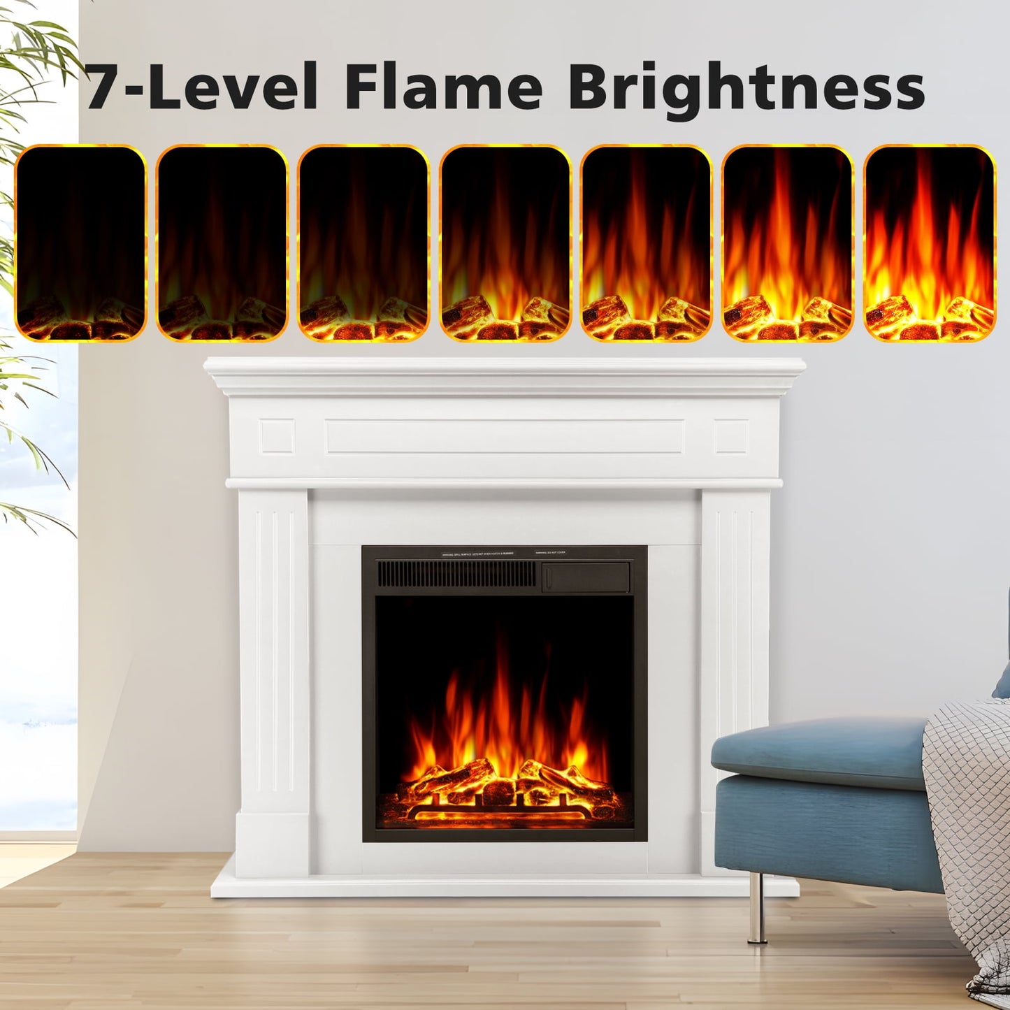 KISSAIR Electric Fireplace Mantel Package Wooden Surround Firebox Electric Fireplace Heater with Logs, Adjustable Led Flame, Remote Control for Room, 750W-1500W, Pearlwhite