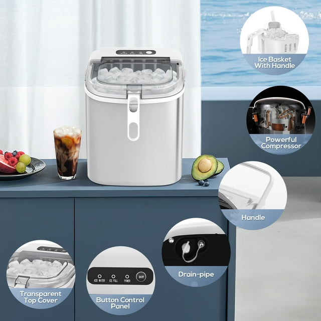 KISSAIR Portable Ice Maker Countertop, with Handle, 26Lbs/24H, 9Pcs/6Mins, One-Click Operation Ice Makers with Ice Scoop and Basket, Self-Cleaning, for Kitchen/Office/Bar/Party