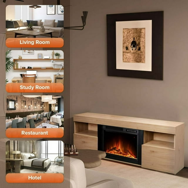 KISSAIR 60'' Electric Fireplace Mantel, Remote Control, Adjustable LED Flame, Free Standing Fireplace-PECAN