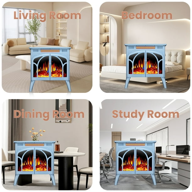 KISSAIR Electric Fireplace Heater 25’’ with 3D Realistic Flame Effect, Freestanding Fireplace with Remote Control, 500W/1500W,- BLUE