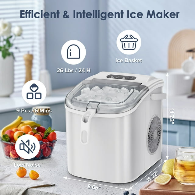 KISSAIR Portable Ice Maker Countertop, with Handle, 26Lbs/24H, 9Pcs/6Mins, One-Click Operation Ice Makers with Ice Scoop and Basket, Self-Cleaning, for Kitchen/Office/Bar/Party