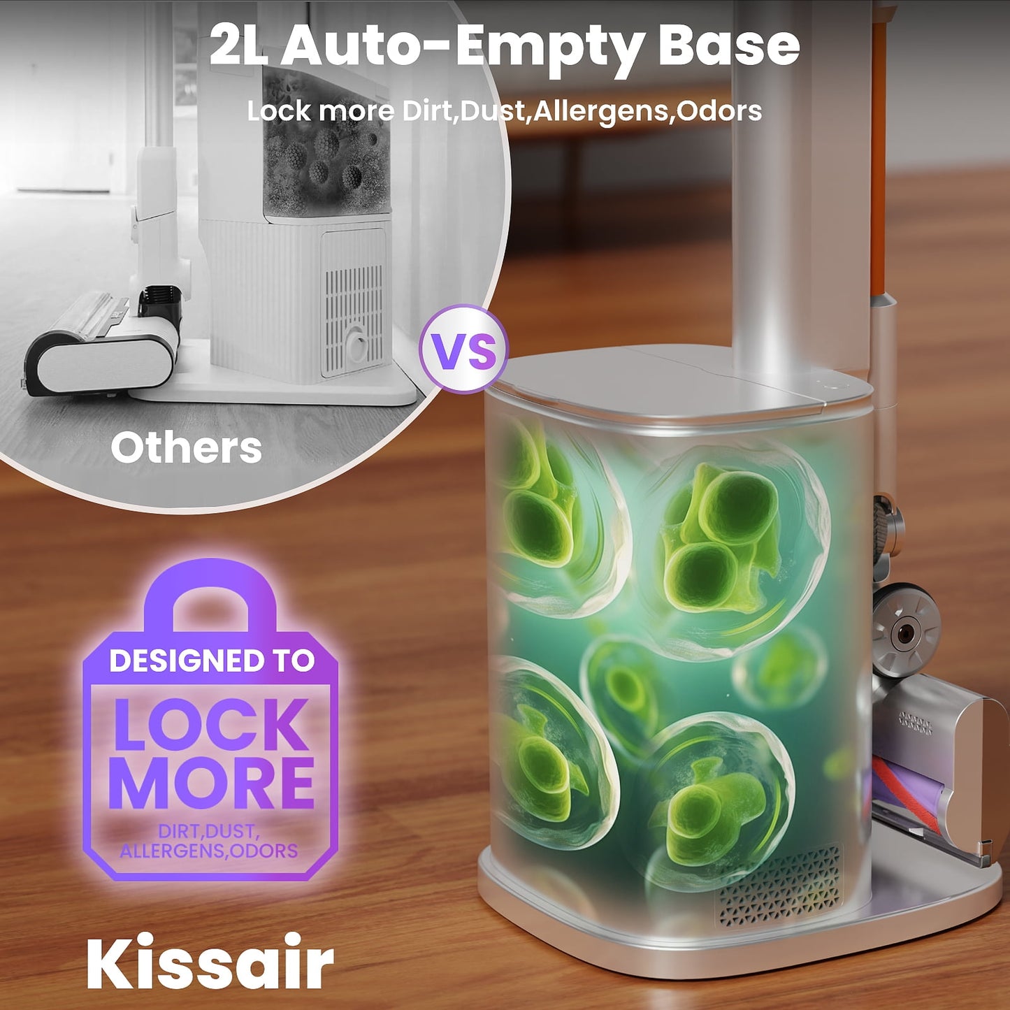 KISSAIR Clean & Empty Cordless Stick Vacuum – Lightweight Cordless with HEPA Filter, Portable, Rechargeable, Auto-Empty System, Stick Vacuum for Pet Hair, Carpets & Hardfloor, Purple