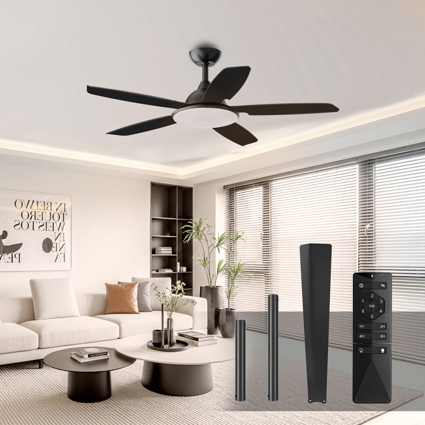 KISSAIR 52 In 5 Baldes Ceiling Fan with Light and Remove Control 6 Speeds & Reversible DC Motor,3 Color Dimmable LED, Ultra Quiet 45dB, Timer Function,Black
