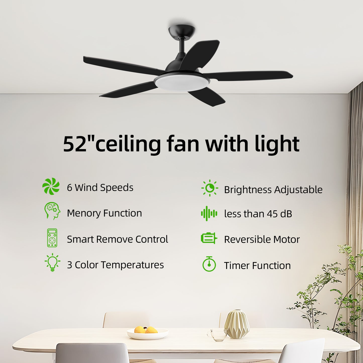 KISSAIR 52 In 5 Baldes Ceiling Fan with Light and Remove Control 6 Speeds & Reversible DC Motor,3 Color Dimmable LED, Ultra Quiet 45dB, Timer Function,Black