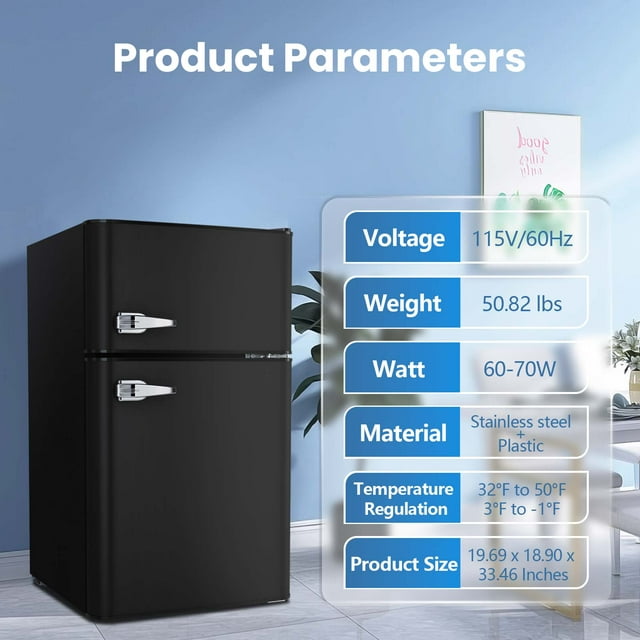 KISSAIR 3.2 Cu.Ft Mini Vintage Refrigerator, Vertical Compact Refrigerator, Adjustable Temperature, 2-door Mini Refrigerator for Home, Office, Dormitory, or RV, Apartment Food Storage Room or Beverage