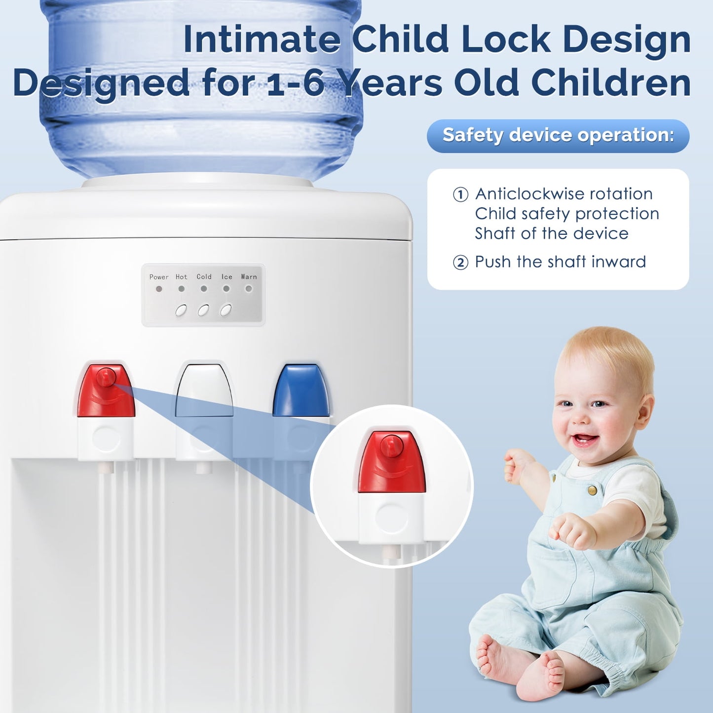 LHRIVER 5 Gallon Water Cooler Dispenser with Built-in Ice Maker, Top Loading Water Dispenser 3 in 1 Hot/Cold/Room Temperature, Child Lock, White