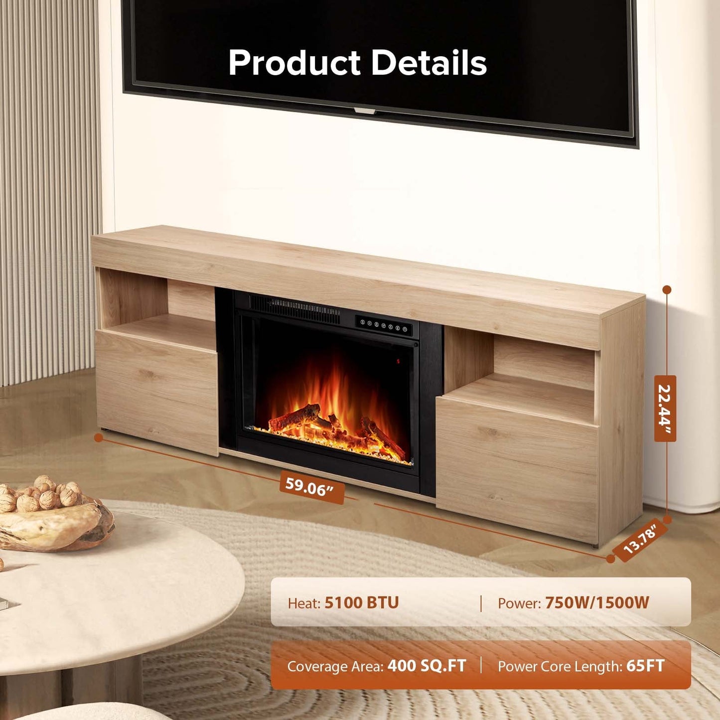 KISSAIR 60'' Electric Fireplace Mantel, Remote Control, Adjustable LED Flame, Free Standing Fireplace-PECAN