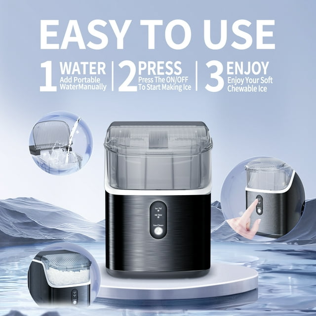 KISSAIR Nugget Ice Maker Countertop, 33lbs/24H with Self-Cleaning Function, Portable Sonic Ice Machine for Home/Office Stainless Steel Black