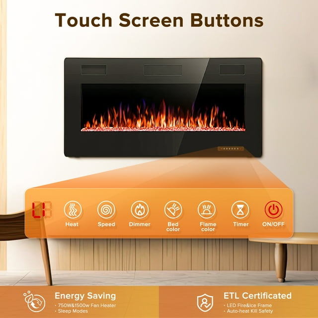 KISSAIR 36’’ 1500W Wall Mounted Recessed Electric Fireplace,12 Flame Color Modes,Touch Screen & Remote Control,Ultra Thin & Low Noise