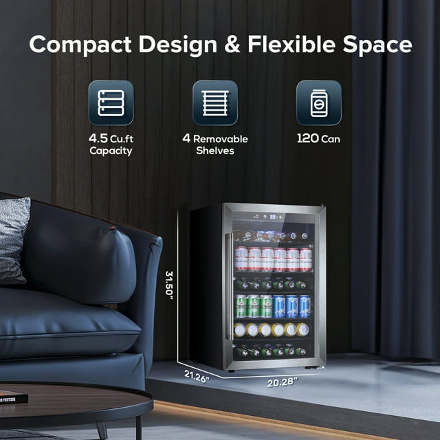 KISSAIR 4.4 Cu.ft Beverage Refrigerator Cooler, 37 Bottles Mini Fridge with Glass Door for Soda, Beer or Wine, Double Toughened Glass , Cool LED for Bar/Office/Home/Restaurant