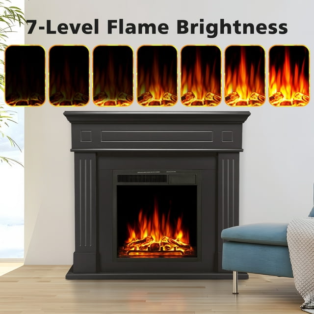 KISSAIR Freestanding Wooden Frame Fireplace with TV Stand, Electric Fireplace Mantel Heater, Various Brightness & Realistic Flames & Remote Control, 750W-1500W, Black