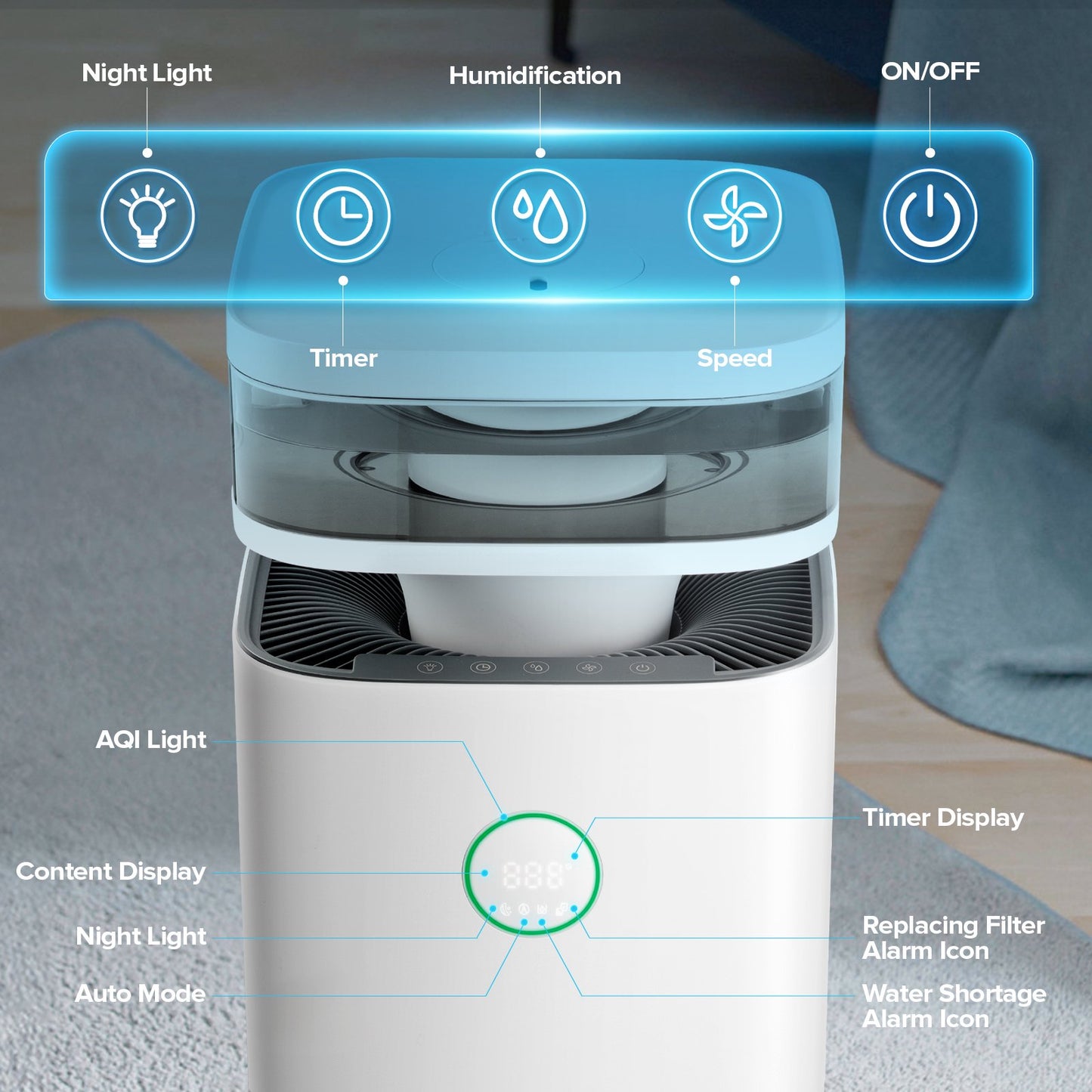 KISSAIR 2-in-1 Air Purifier and Humidifier, Covering 2676Sq.ft, H13 High-efficiency Filter, Up to 99.97% Air Filter, Home/Office/Renovated Space