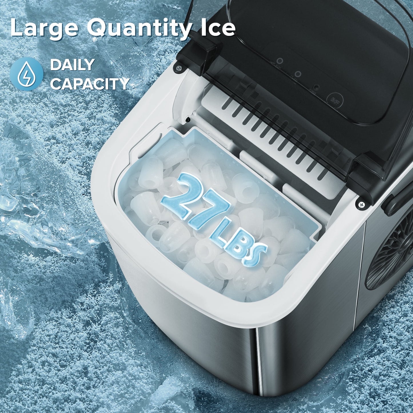 KISSAIR Countertop Ice Maker Portable, 9Pcs/8Mins, 26lbs/24H, Self-Cleaning, Ice Machine with Handle for Kitchen/Office/Bar/Party, Stainless Steel, Silver