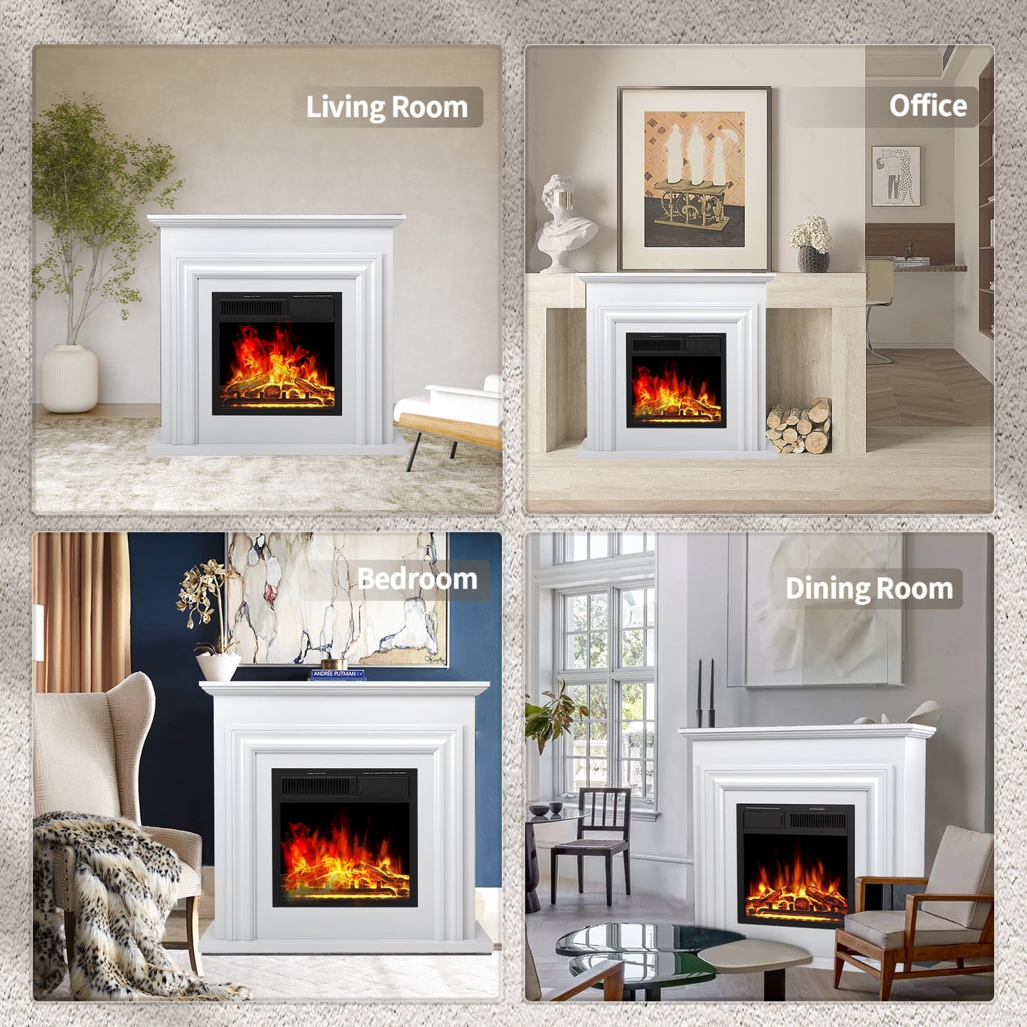 KISSAIR 36" Freestanding Electric Fireplace with Wood, Remote Control, For Rooms up to 400 Sq.Ft. Adjustable LED Flame & 2 Heating Settings, -White