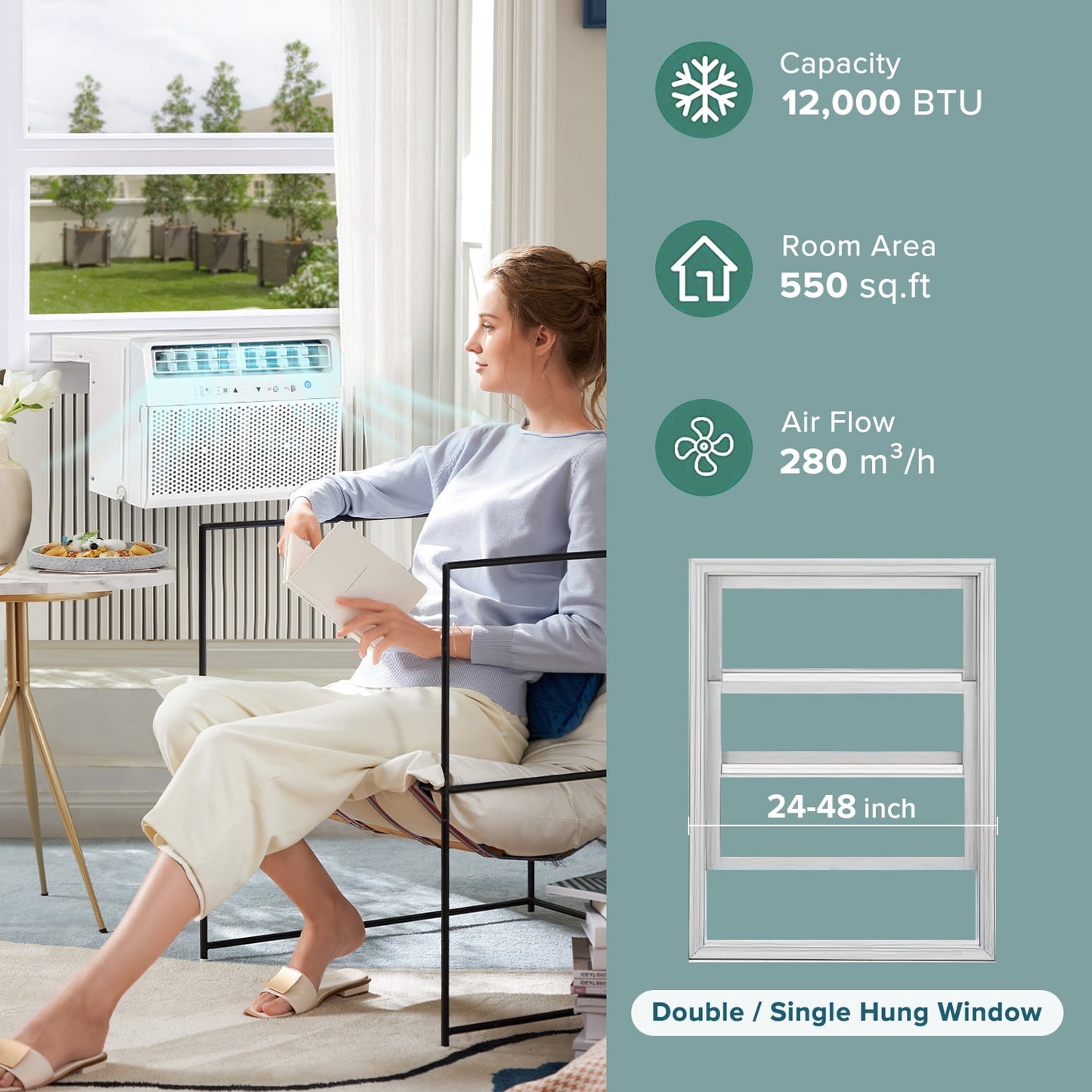 KISSAIR8100 BTU (10000 BTU ASHRAE) 115 Volt U-Shape Window Air Conditioner with Remote Control, 6 Modes and 3 Fan Modes, 24 Hour Timer, 350 Sq.Ft