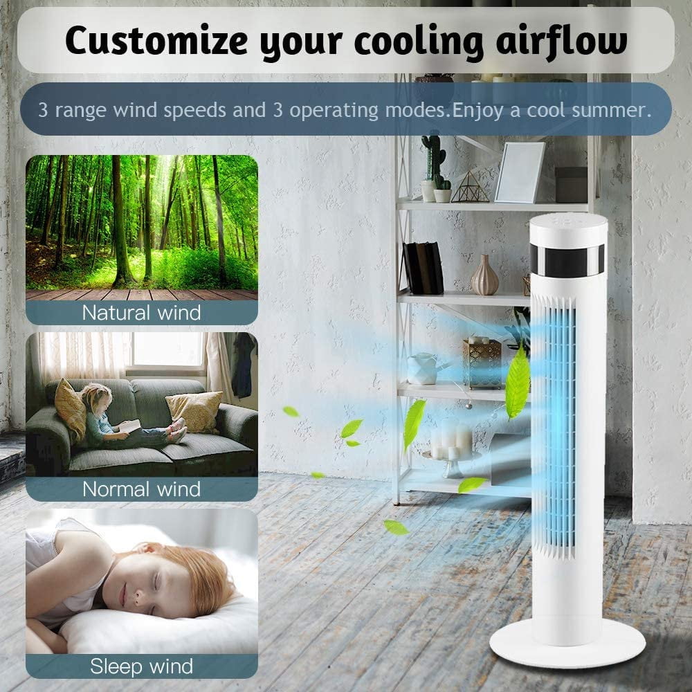 KISSAIR Tower Fan Portable Floor Fans 85°Oscillating Fan 12H Timer Remote Control Standing Bladeless Electric 3 Speeds Wind 3 Modes Bedroom Office(35 inch, White)