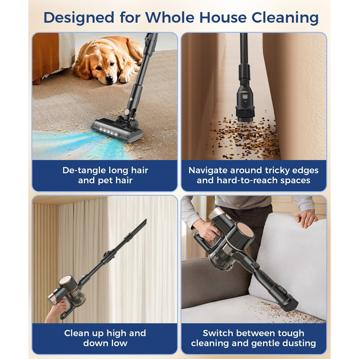 KISSAIR Cordless Vacuum Cleaners rechargeable 50min 2200mah Lightweight Led Display Screen Stick Vacuum Cleaners for Home Carpet Hardwood Floor Pet Hair, Grey