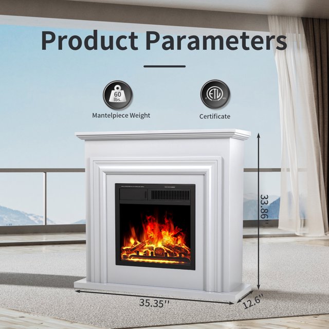 KISSAIR 36" Freestanding Electric Fireplace with Wood, Remote Control, For Rooms up to 400 Sq.Ft. Adjustable LED Flame & 2 Heating Settings, -White