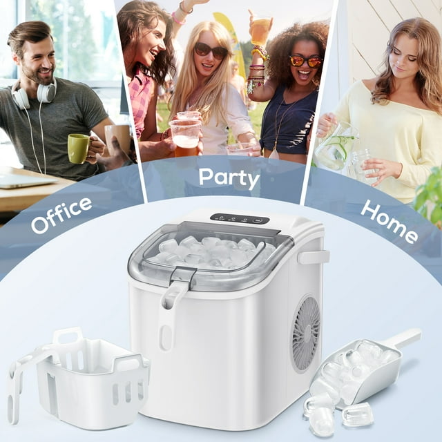 KISSAIR Portable Ice Maker Countertop, with Handle, 26Lbs/24H, 9Pcs/6Mins, One-Click Operation Ice Makers with Ice Scoop and Basket, Self-Cleaning, for Kitchen/Office/Bar/Party