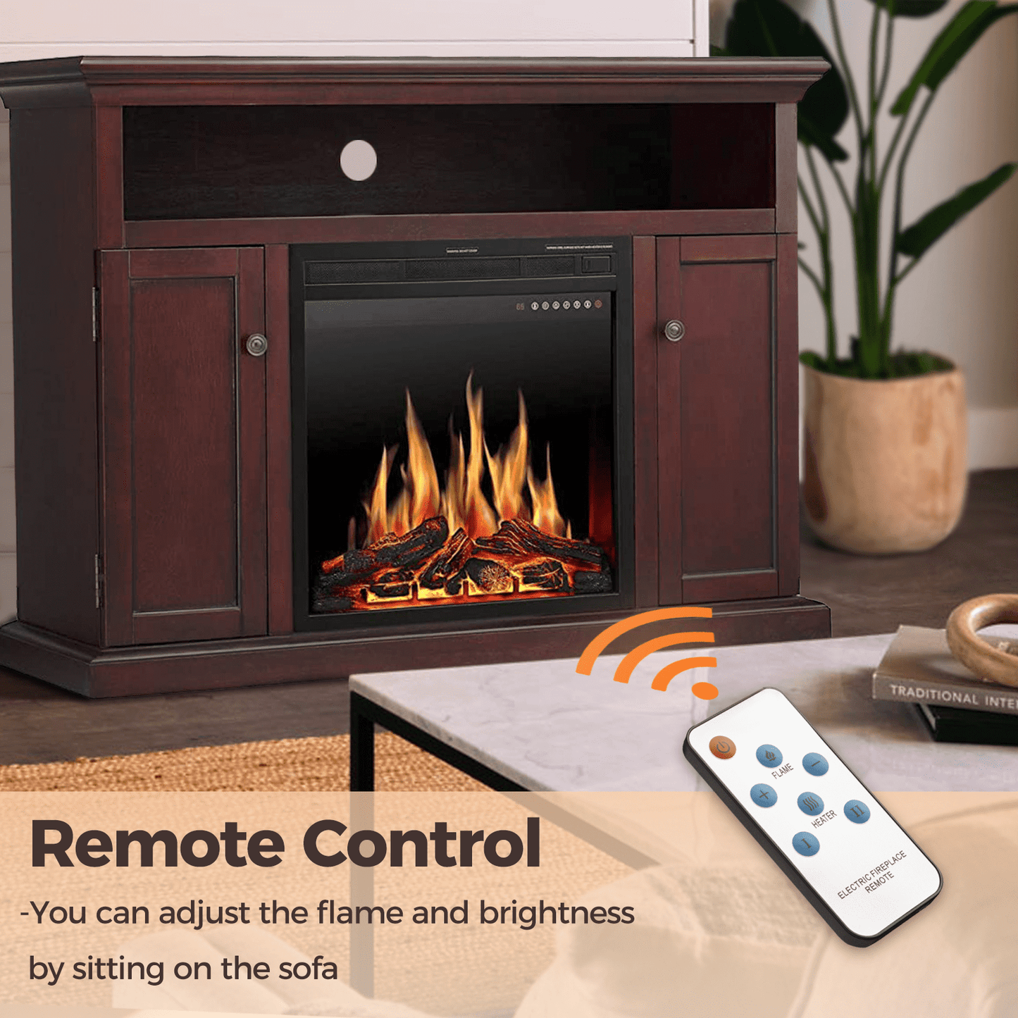 KISSAIR Wooden Frame Fireplace, TV Stand Wood Mantel with LED Flames, Fireplace Console Cabinet, Remote Control&Touch Screen,750W-1500W-Brown