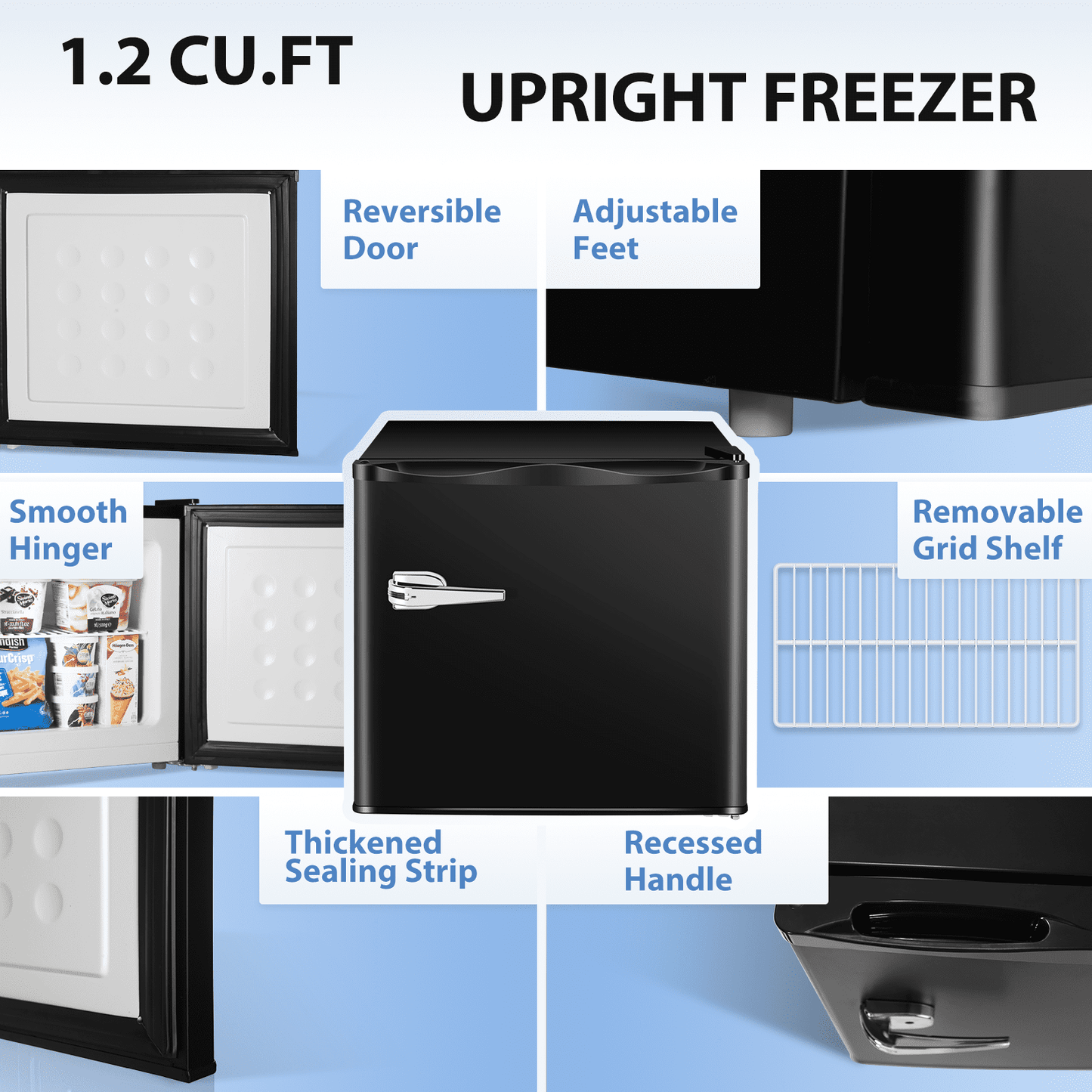 KISSAIR Upright Compact Freezer 1.2 Cu.ft, Freestanding Mini Freezer with Removable Shelf, Single Door, Adjustable Temperature Control-Black