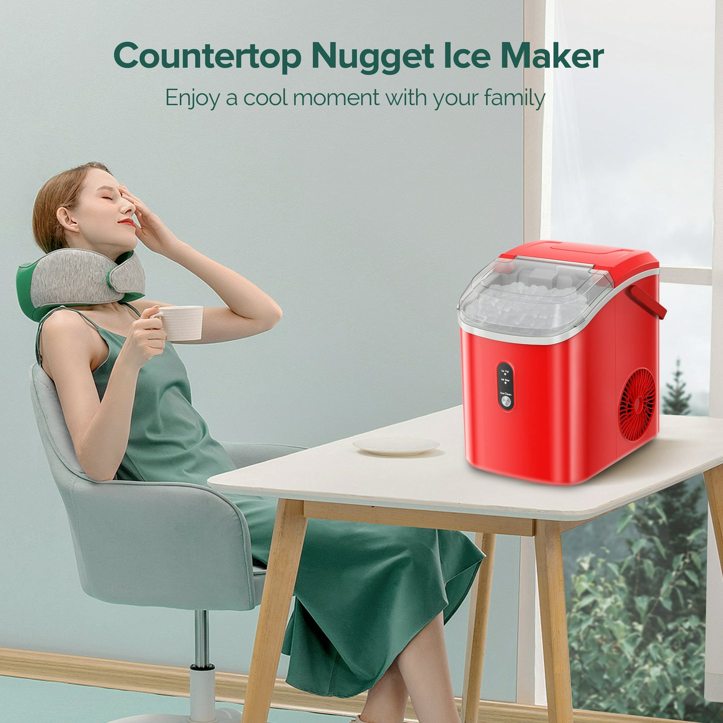 KISSAIR Nugget Ice Maker Countertop with Soft Chewable Pellet Ice, Portable Ice Machine with Handle, 34lbs/24H, One-Click Operation for Home/Party (Red)