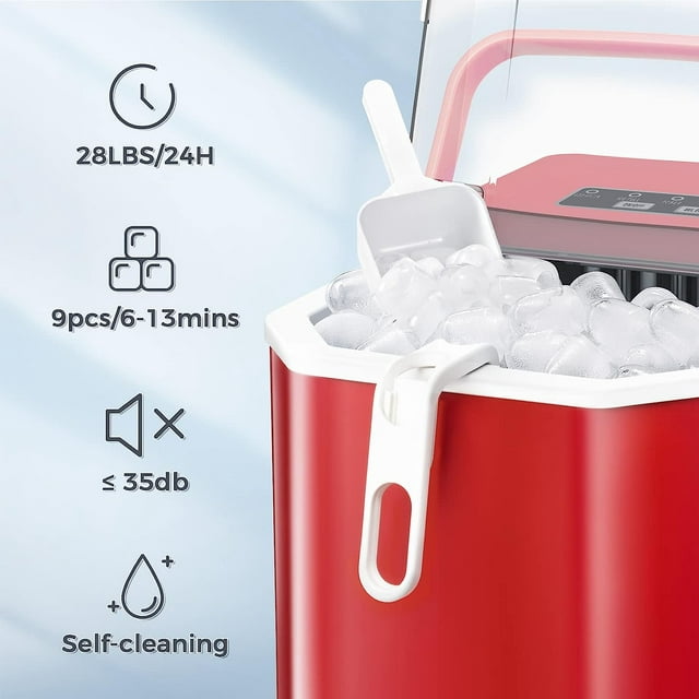 KISSAIR Countertop Ice Maker Portable Ice Machine, Basket Handle, Self-Cleaning Ice Makers, 26Lbs/24H, 9 Ice Cubes Ready in 6 Mins, S/L ice, for Home Kitchen Bar Party (Red)