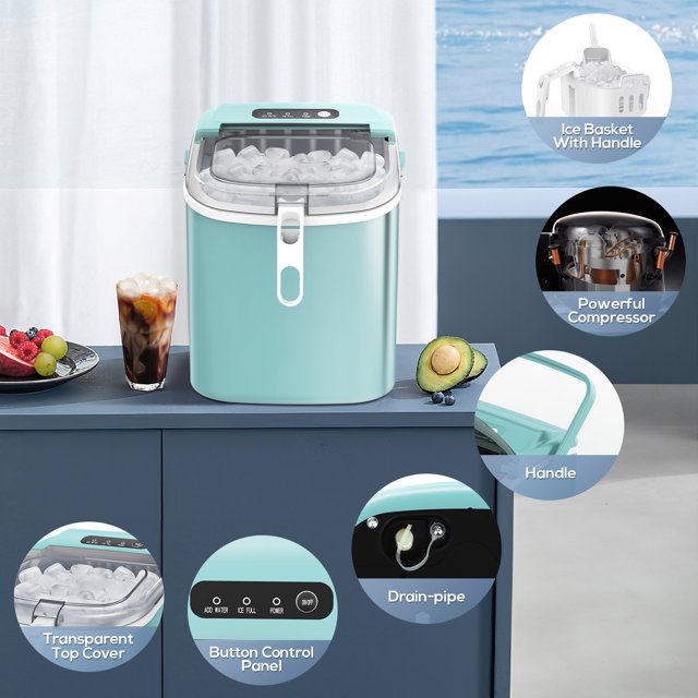 KISSAIR Portable Ice Maker Countertop, with Handle, 26Lbs/24H, 9Pcs/6Mins, One-Click Operation Ice Makers with Ice Scoop and Basket, Self-Cleaning, for Kitchen/Office/Bar/Party