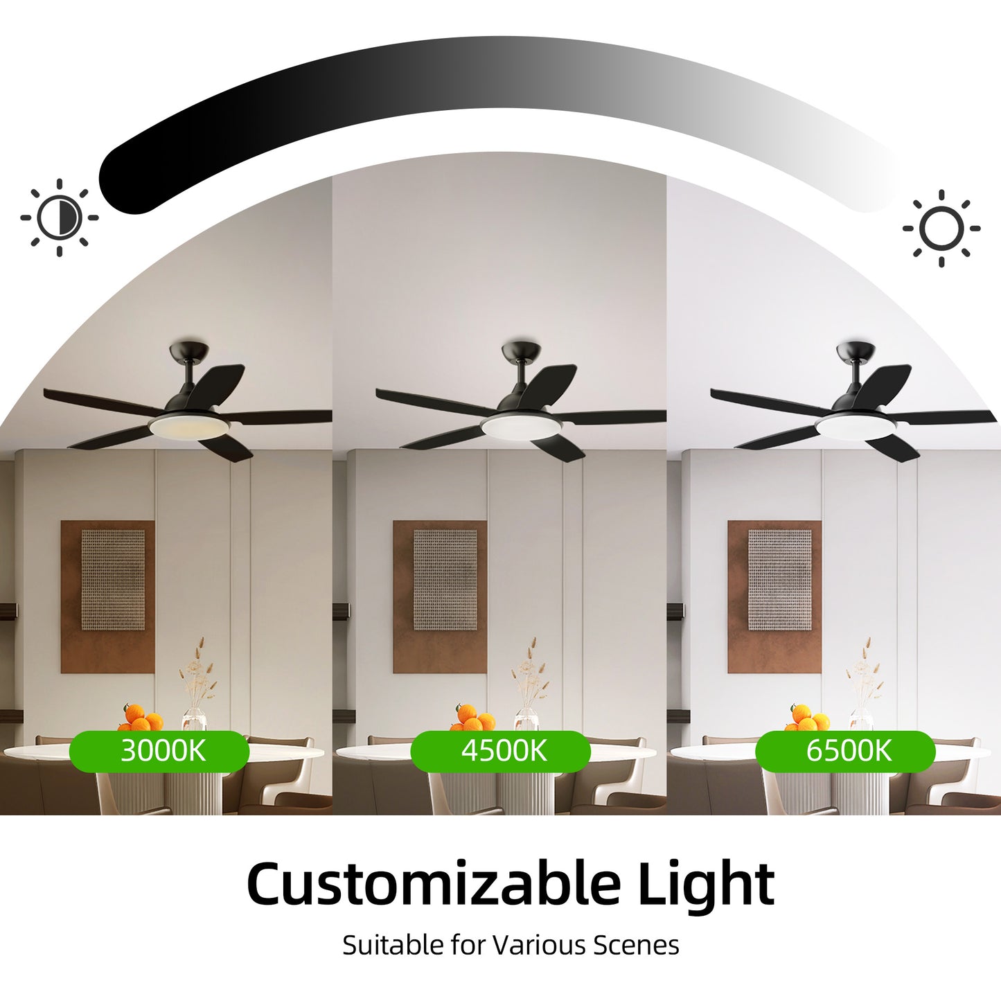 KISSAIR 52 In 5 Baldes Ceiling Fan with Light and Remove Control 6 Speeds & Reversible DC Motor,3 Color Dimmable LED, Ultra Quiet 45dB, Timer Function,Black