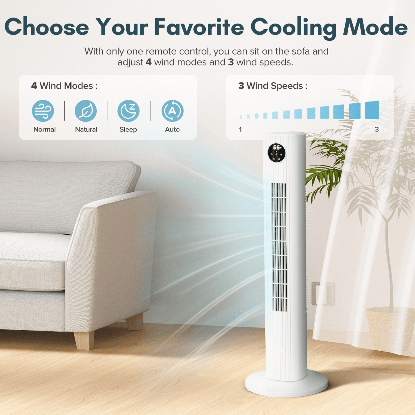 KISSAIR 35" Tower Fan for Home, 85° Oscillating Tower Fan, 4 Modes & 3 Speeds Standing Floor Fan with 12H Timer, Bladeless & Family-Safe Design with Remote Control, (White)