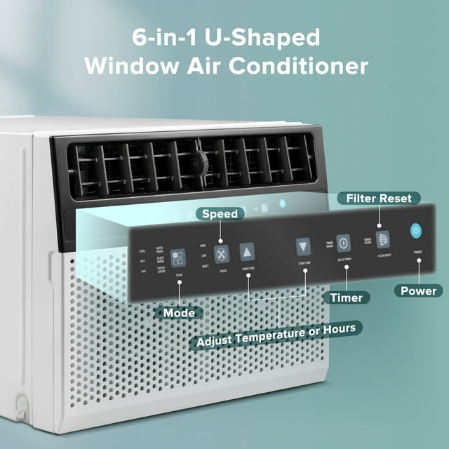 KISSAIR Window Air Conditioners 6,300 BTU (10,000 BTU ASHRAE), U-Shaped Air Conditioner Window Unit Cools up to 450 Sq. Ft, 6-In-1 Window AC Units for Home/Office/Apt-White
