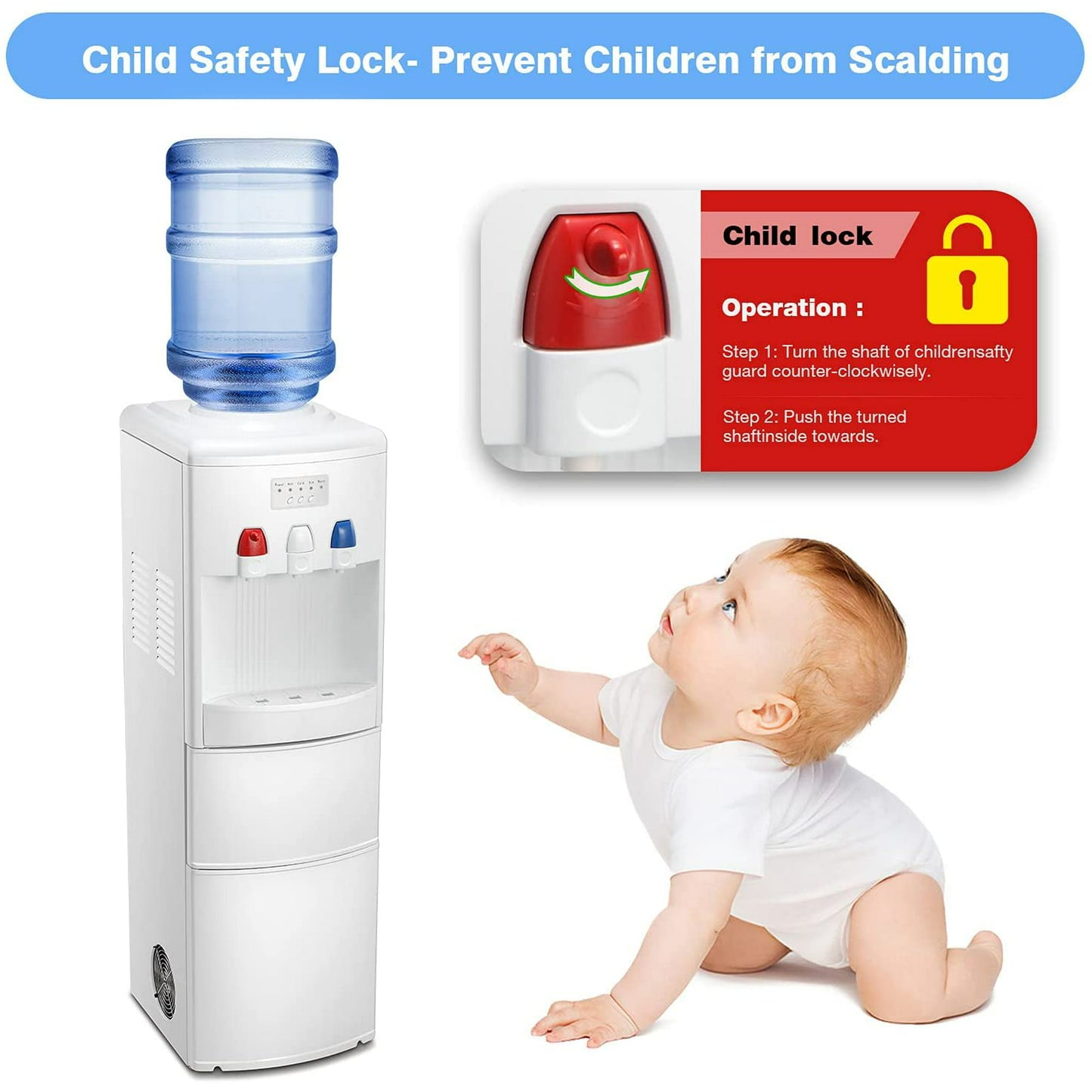 KISSAIR Water Cooler Dispenser with Built-in Ice Maker, Top Loading Water Coolers with 3 Temperature Settings - Hot, Cold & Room Temperature, 27Lbs/24H Ice Maker Machine with Child Safety Lock-White