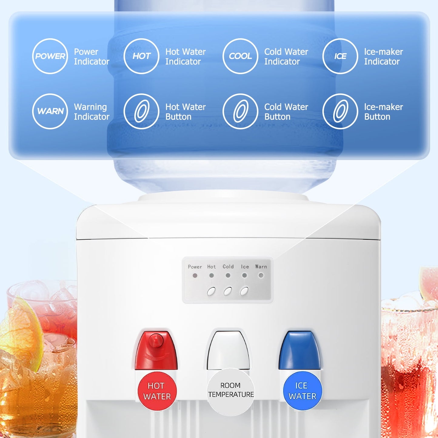 LHRIVER 5 Gallon Water Cooler Dispenser with Built-in Ice Maker, Top Loading Water Dispenser 3 in 1 Hot/Cold/Room Temperature, Child Lock, White