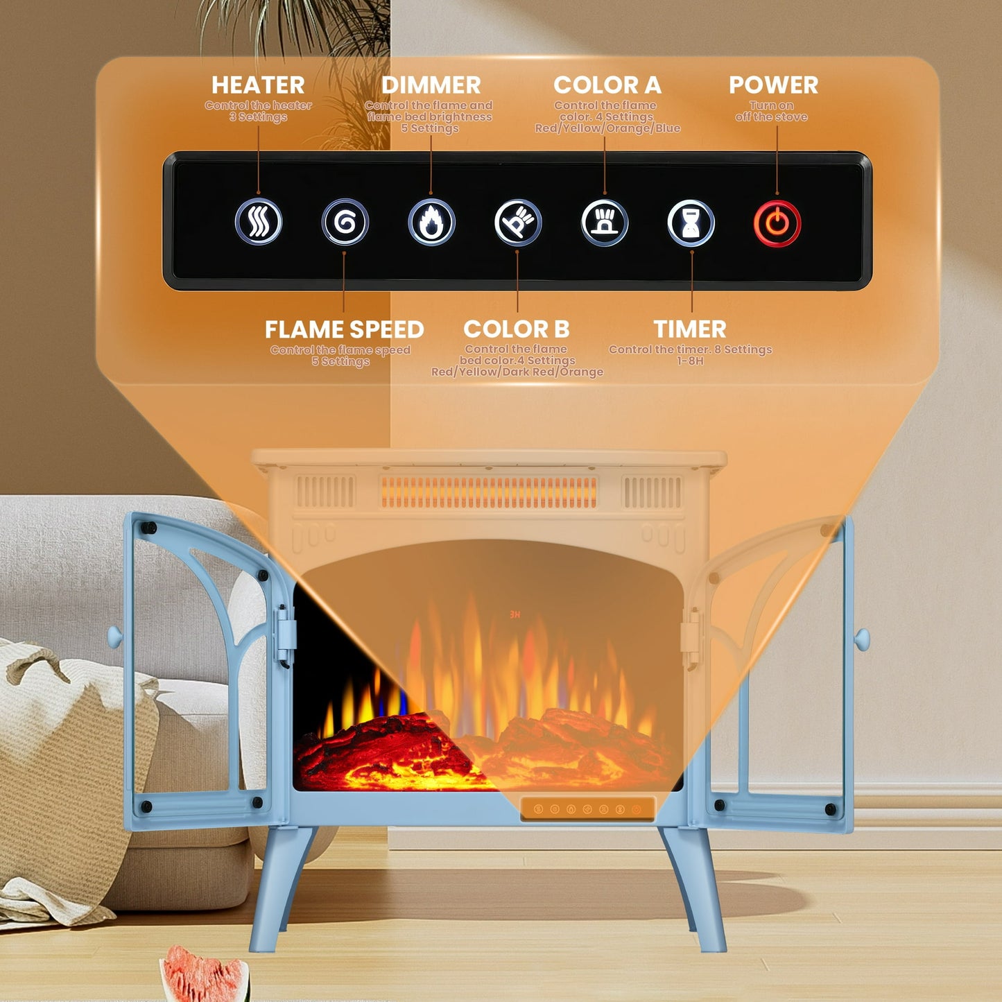 KISSAIR Electric Fireplace Heater 25’’ with 3D Realistic Flame Effect, Freestanding Fireplace with Remote Control, 500W/1500W,- BLUE