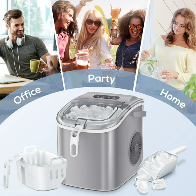 KISSAIR Portable Ice Maker Countertop, with Handle, 26Lbs/24H, 9Pcs/6Mins, One-Click Operation Ice Makers with Ice Scoop and Basket, Self-Cleaning, for Kitchen/Office/Bar/Party