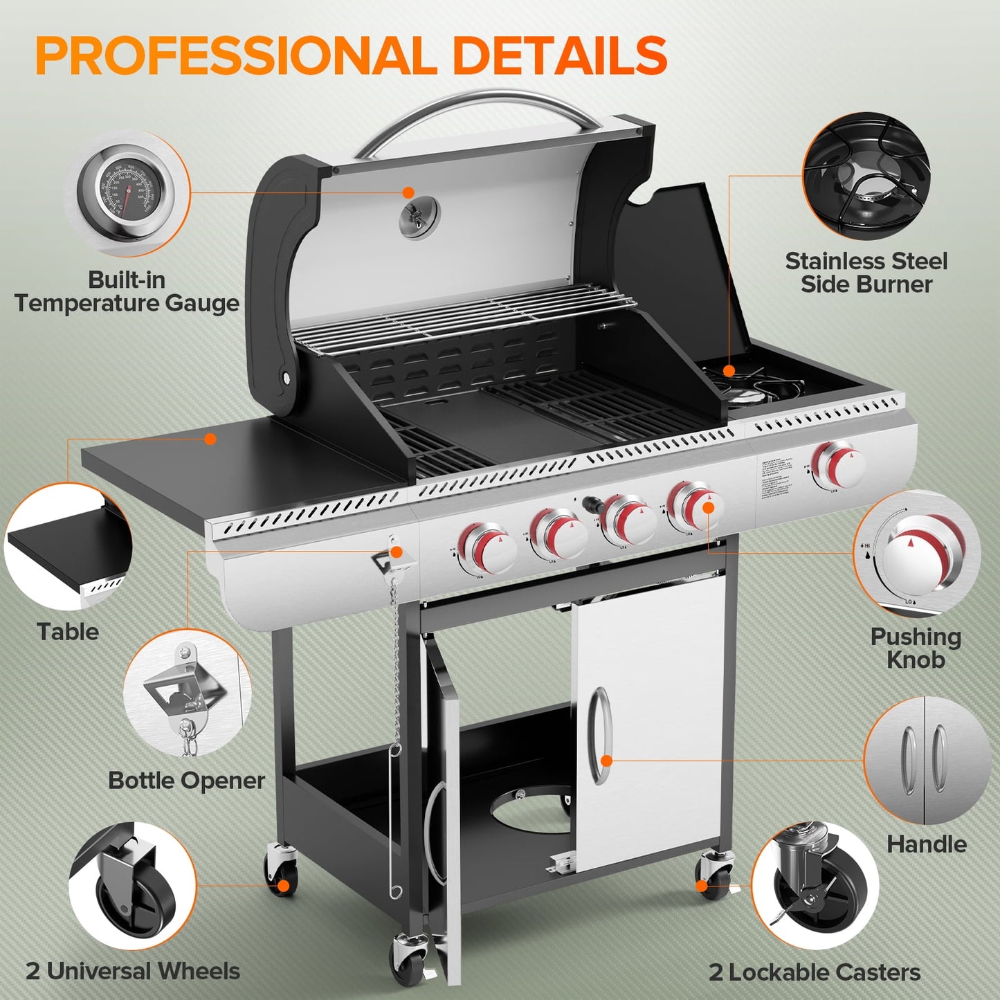LHRIVER 4 Burner Stainless Steel Propane Gas Grill with Side Burner, Portable Outdoor Barbecue Cooking BBQ, 42,000 BTU