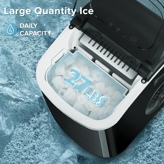 KISSAIR Portable Ice Maker Countertop, 9Pcs/8Mins, 26lbs/24H, Self-Cleaning Ice Machine with Handle for Kitchen/Office/Bar/Party, Stainless Steel Black