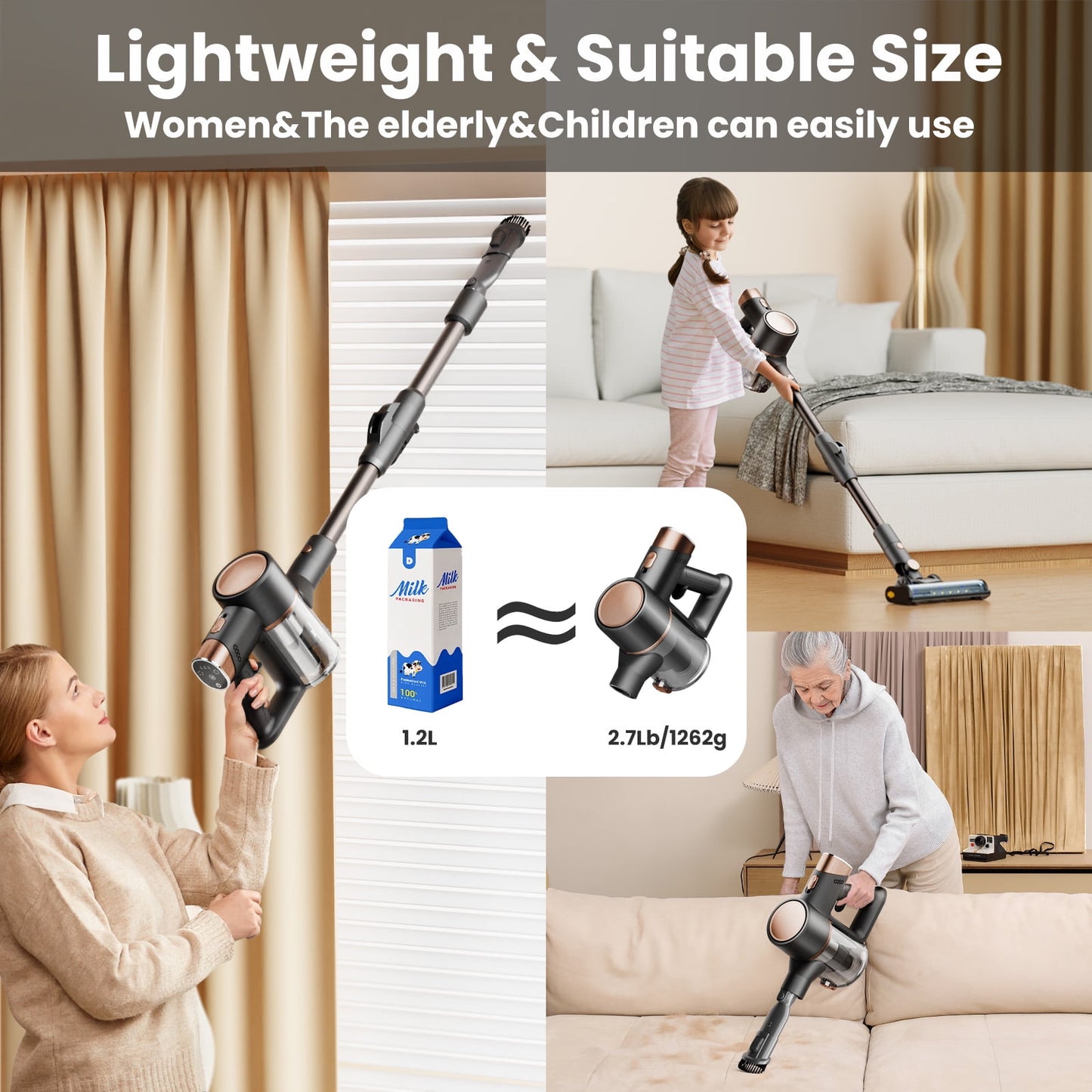 KISSAIR Cordless Vacuum Cleaner rechargeable 50min 2200mah Lightweight Led Display Screen Stick Vacuum Cleaners for Home Hardwood Floor Carpet Pet Hair, Grey
