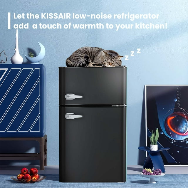 KISSAIR 3.2 Cu.Ft Mini Vintage Refrigerator, Vertical Compact Refrigerator, Adjustable Temperature, 2-door Mini Refrigerator for Home, Office, Dormitory, or RV, Apartment Food Storage Room or Beverage