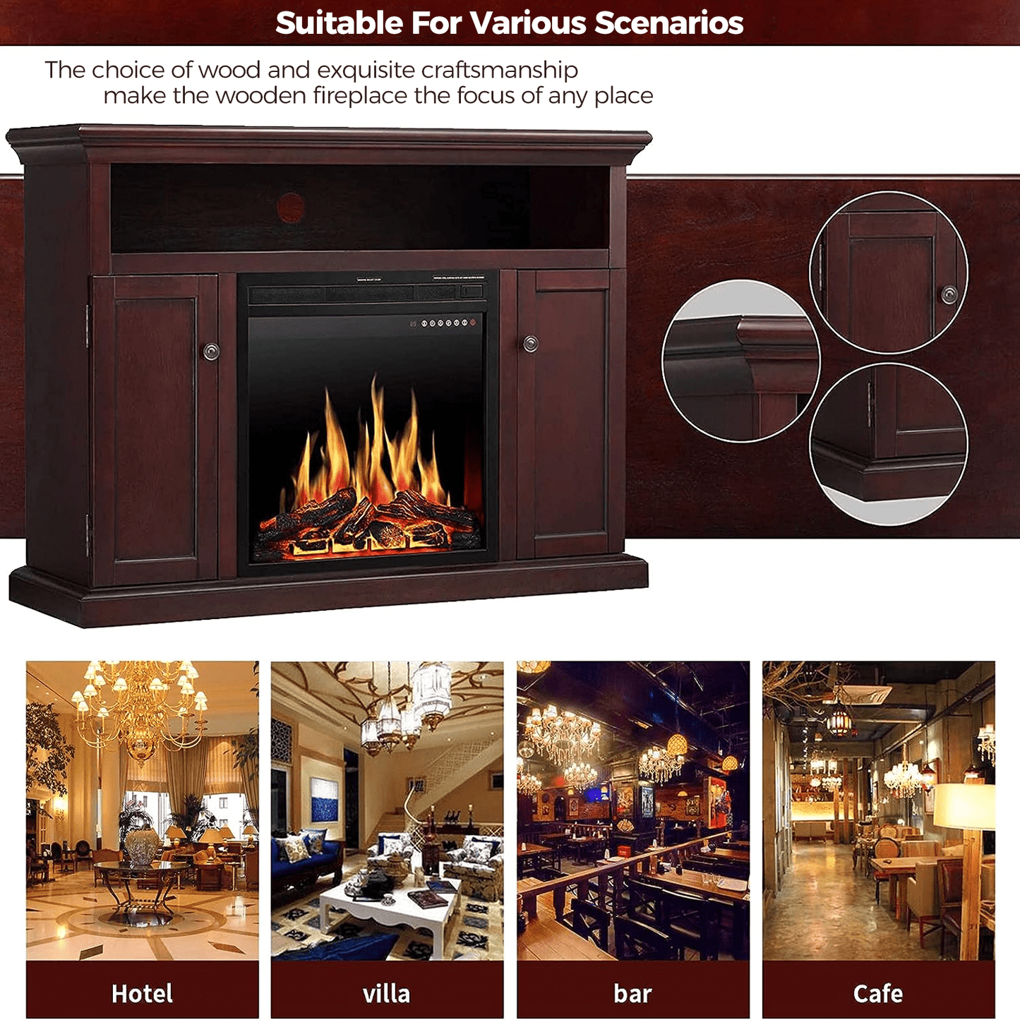 KISSAIR Wooden Frame Fireplace, TV Stand Wood Mantel with LED Flames, Fireplace Console Cabinet, Remote Control&Touch Screen,750W-1500W-Brown