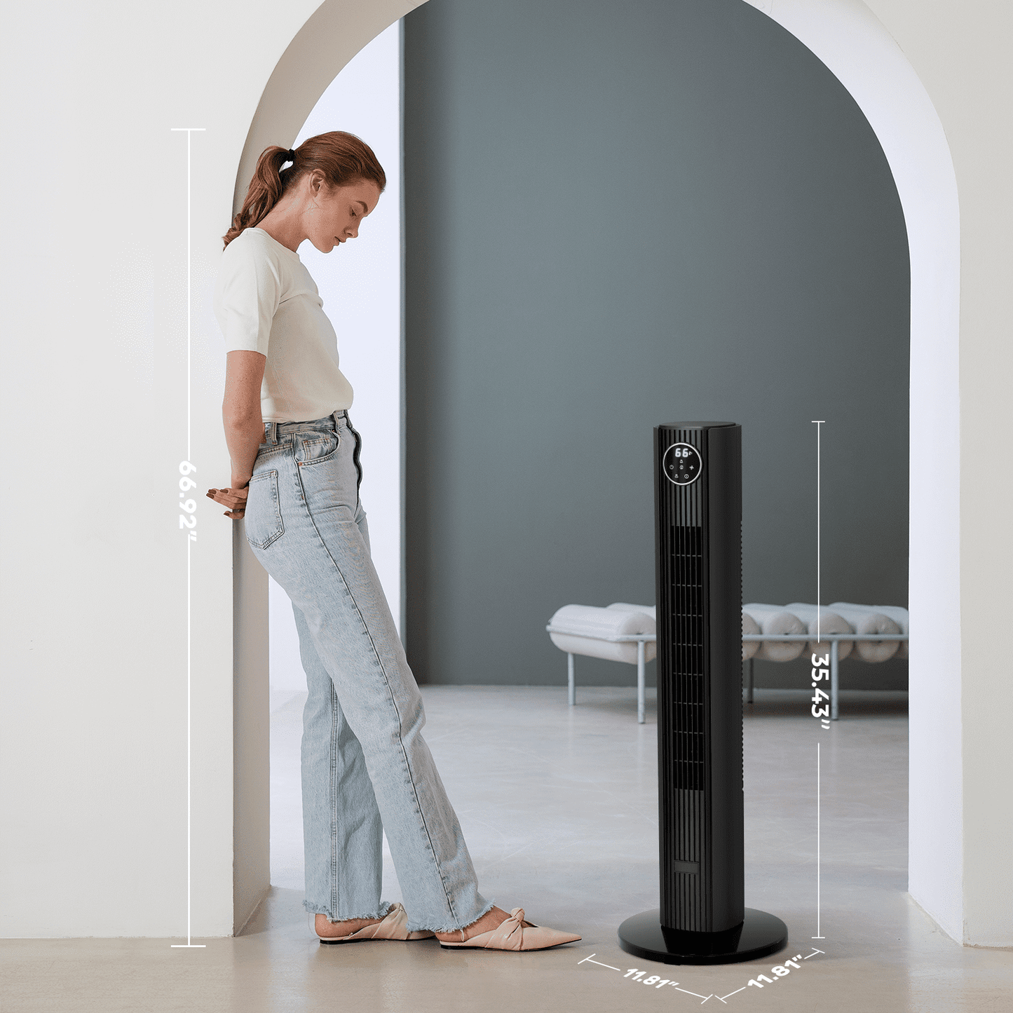 KISSAIR 35" Tower Fan for Home, 85° Oscillating Tower Fan, 4 Modes & 3 Speeds Standing Floor Fan with 12H Timer, Bladeless & Family-Safe Design with Remote Control, (Black)
