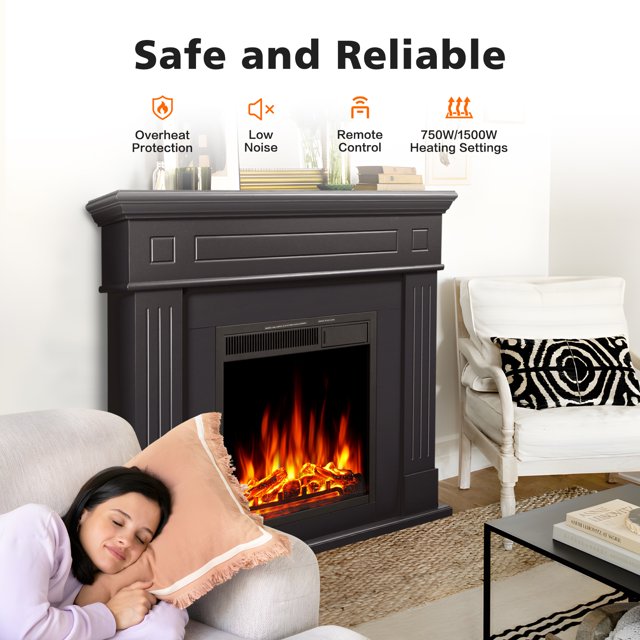 KISSAIR Freestanding Wooden Frame Fireplace with TV Stand, Electric Fireplace Mantel Heater, Various Brightness & Realistic Flames & Remote Control, 750W-1500W, Black