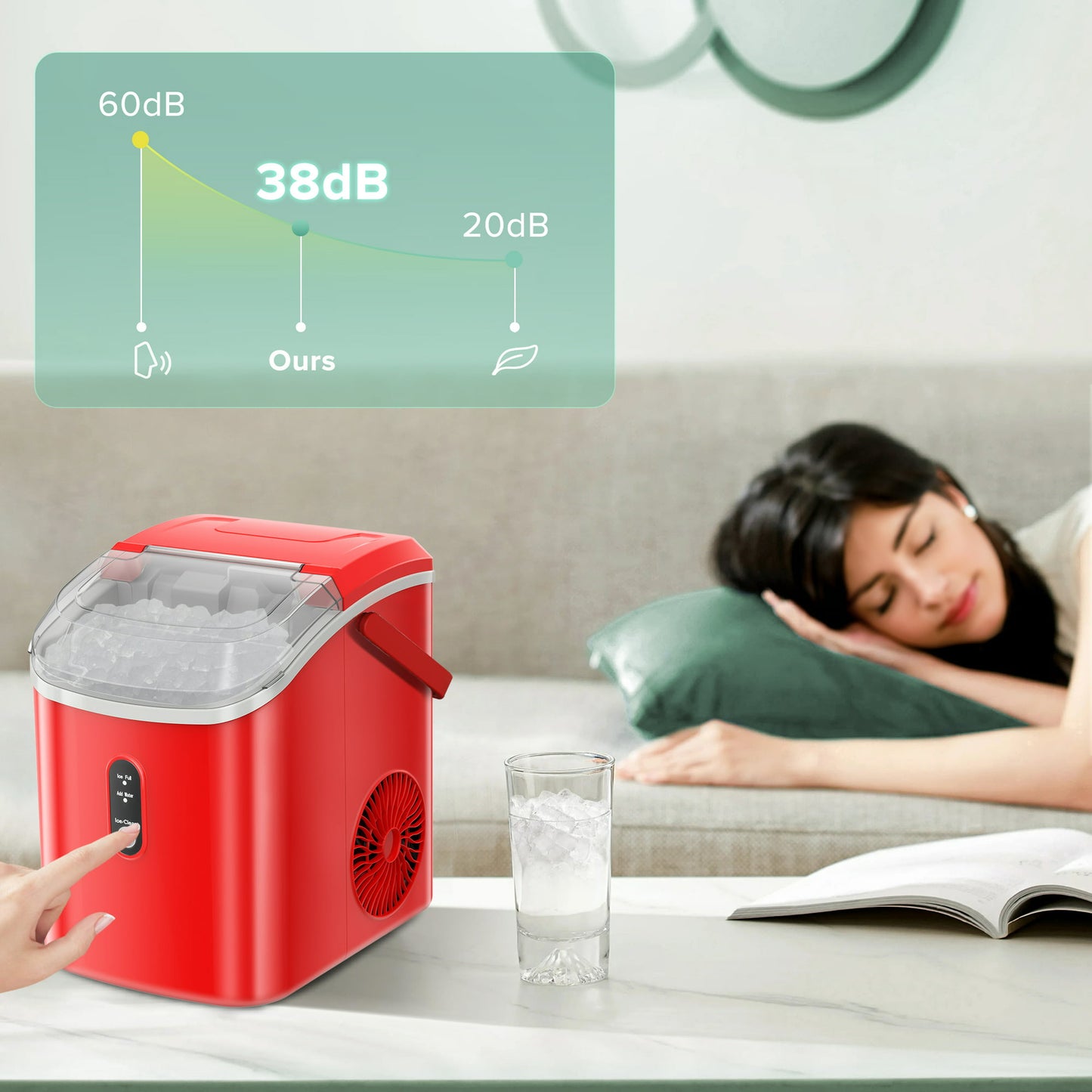 KISSAIR Nugget Ice Maker Countertop with Soft Chewable Pellet Ice, Portable Ice Machine with Handle, 34lbs/24H, One-Click Operation for Home/Party (Red)