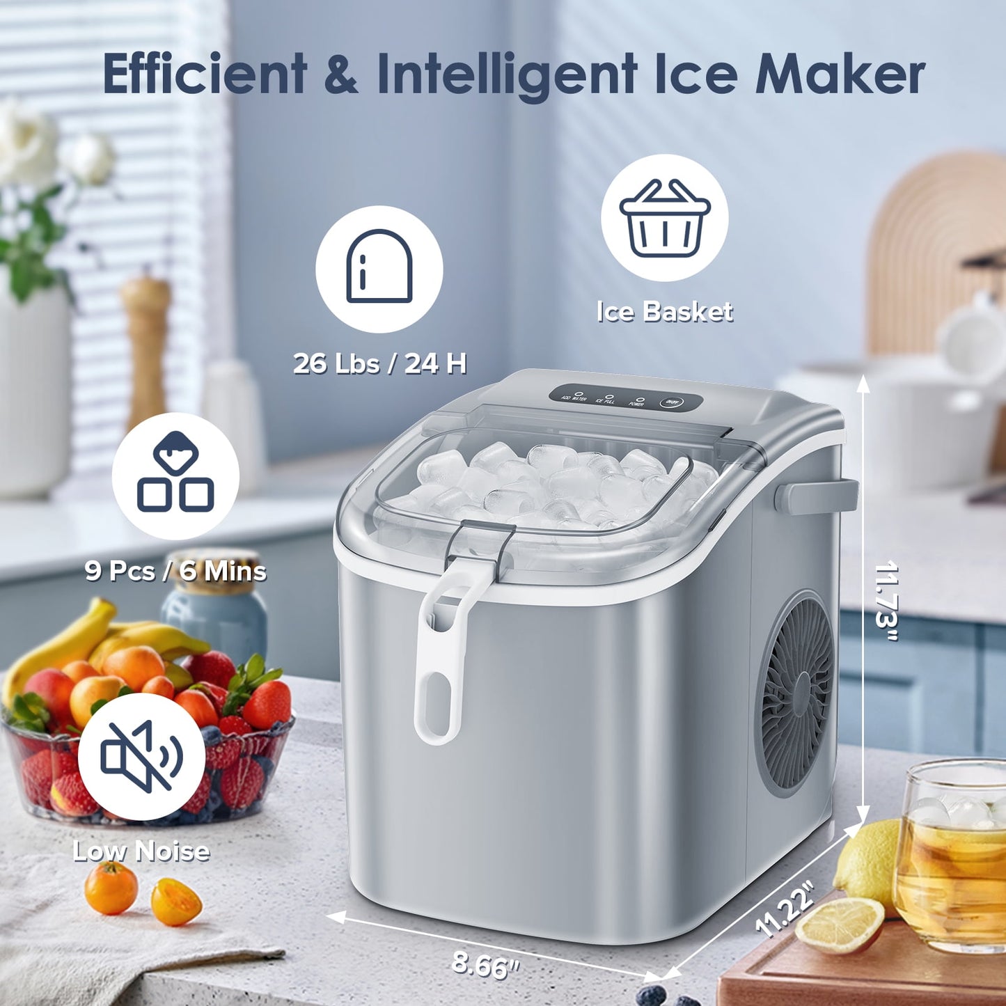 KISSAIR Portable Ice Maker Countertop, with Handle, 26Lbs/24H, 9Pcs/6Mins, One-Click Operation Ice Makers with Ice Scoop and Basket, Self-Cleaning, for Kitchen/Office/Bar/Party
