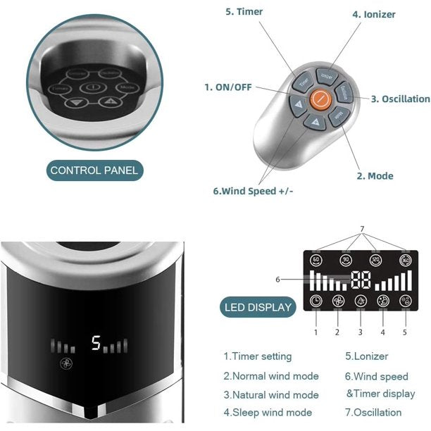 KISSAIR Tower Fan - Oscillation, Ionizer, Remote Control - Office/Home - Bladeless Floor Fan - 8 Wind Speeds, 47" (Silver)