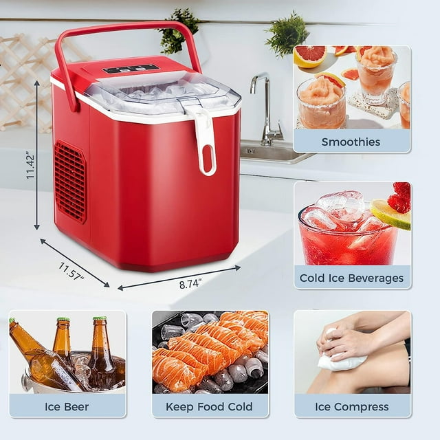 KISSAIR Countertop Ice Maker Portable Ice Machine, Basket Handle, Self-Cleaning Ice Makers, 26Lbs/24H, 9 Ice Cubes Ready in 6 Mins, S/L ice, for Home Kitchen Bar Party (Red)